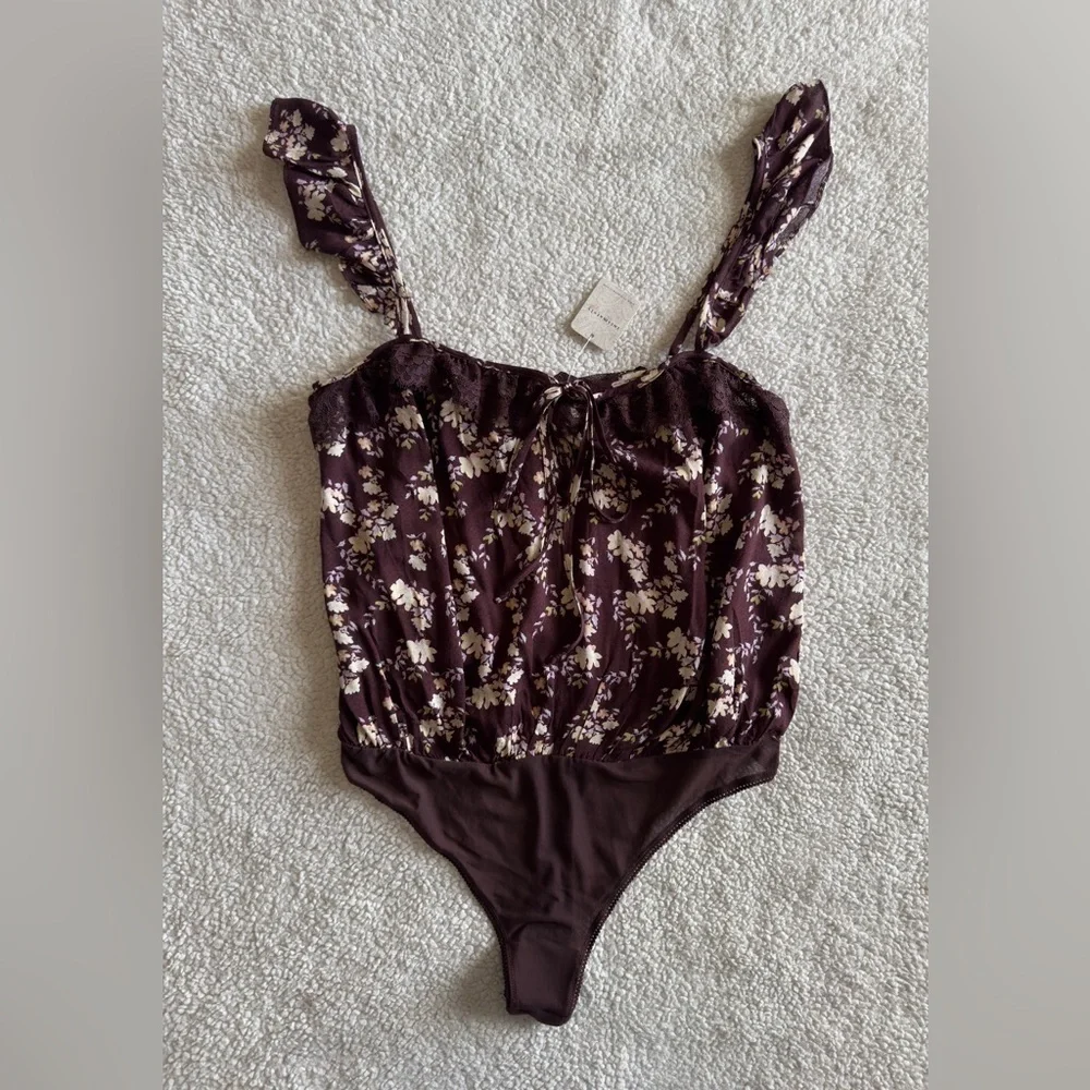 Intimately by Free People Chocolate Merlot Combo Ruffled  Thong Bodysuit Size M - Picture 5 of 13